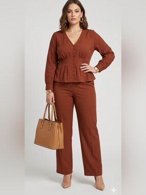 J.O.A Rust Brown Button Front Satin Peplum Blouse V-Neck Long Sleeve Ruched Top